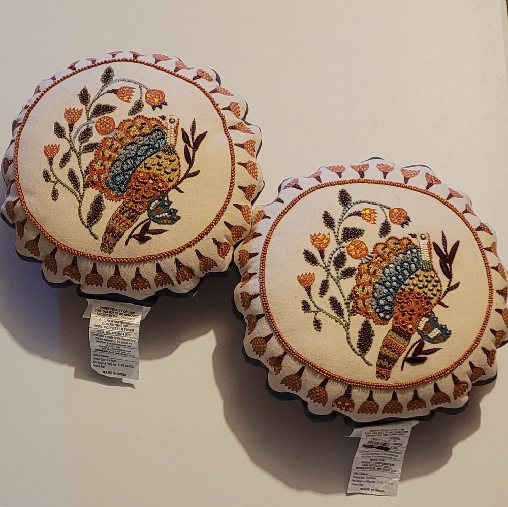 Threshold Embroidered And Beaded Ornate Bird Pillows (2) - Cream, Orange, Teal